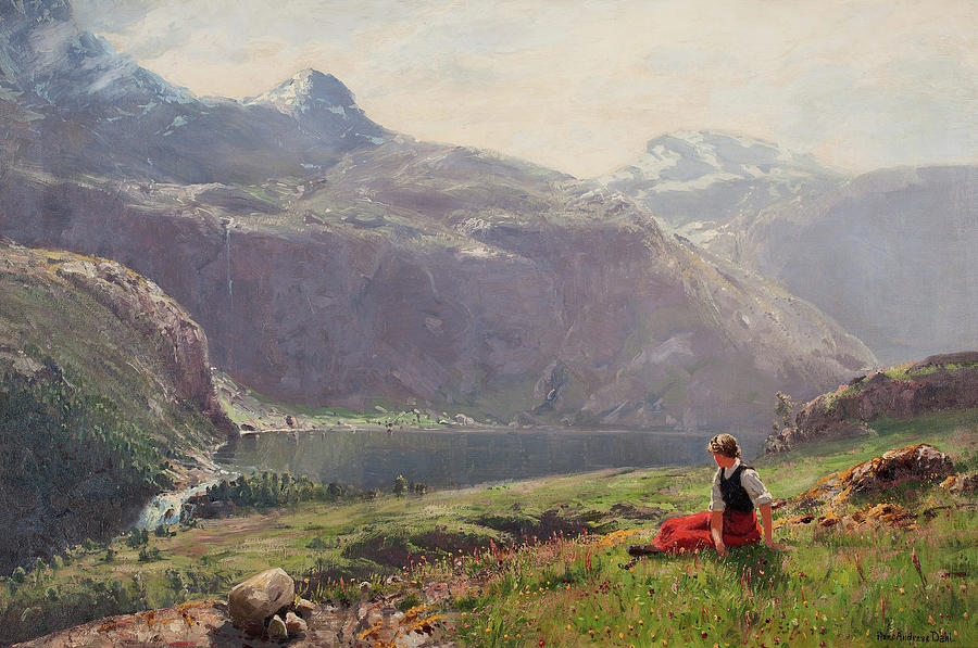 Young girl in a fjord landscape Painting by Hans Andreas Dahl