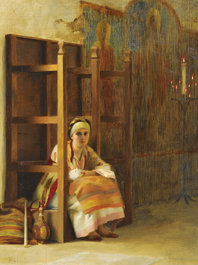Young girl in a Greek church Painting by Theodoros Rallis