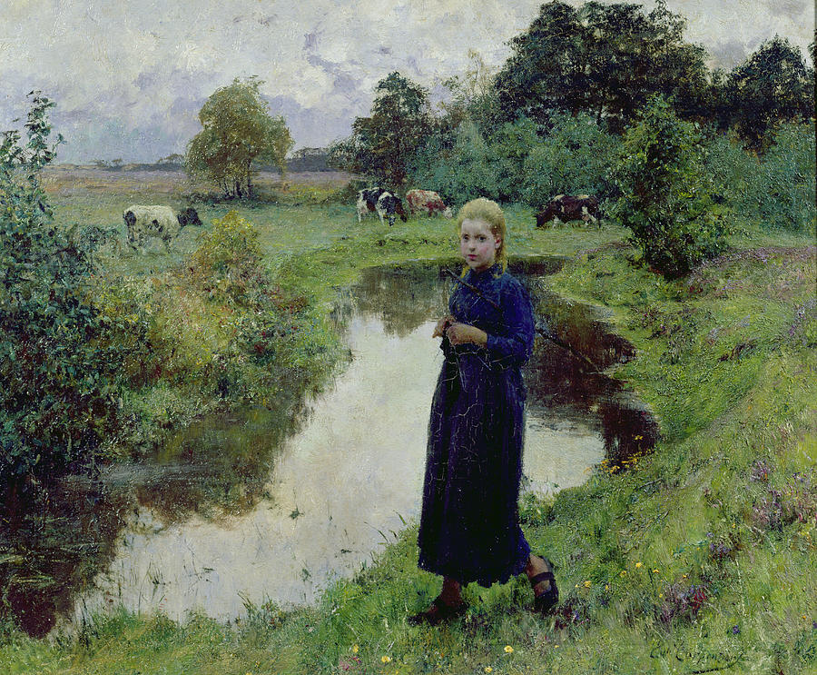 Cow Painting - Young Girl in the Fields by Evariste Carpentier