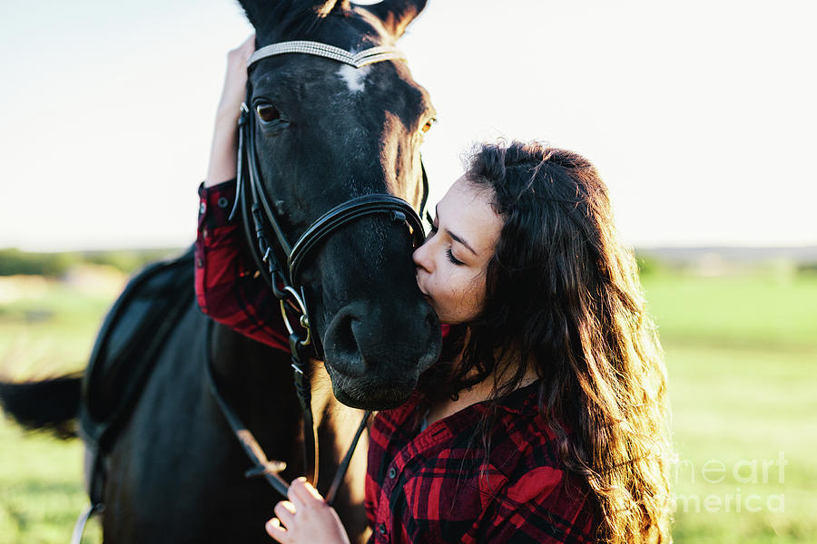 Young girl kissing bay horses muzzle. Photograph by Michal Bednarek