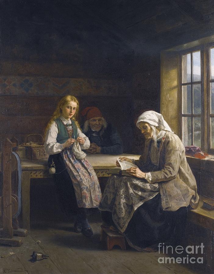 Young Girl Knitting Painting by Celestial Images