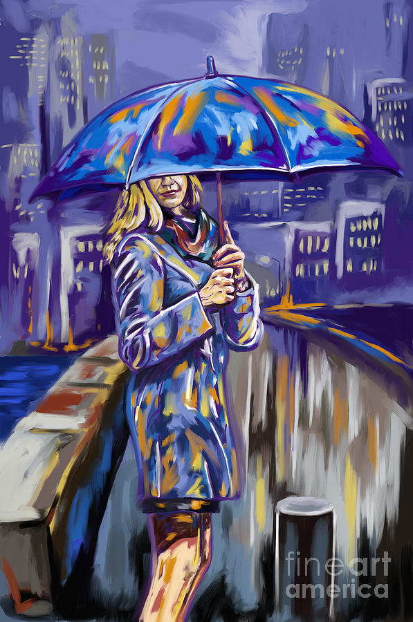 Young Girl With An Umbrella In The Rain Painting by Tim Gilliland