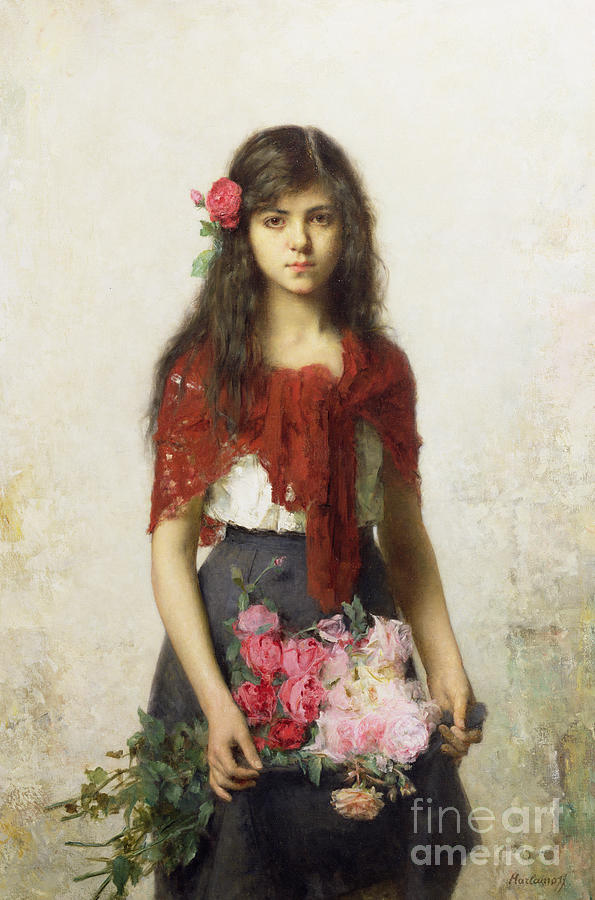 Portraits Painting - Young girl with blossoms by Alexei Alexevich Harlamoff