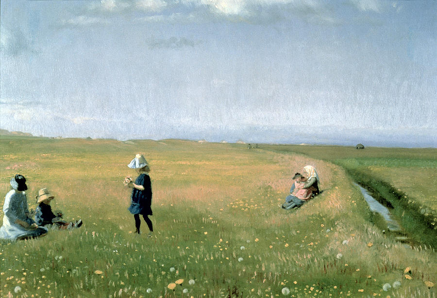 Flower Painting - Young Girls picking Flowers in a Meadow by Michael Peter Ancher