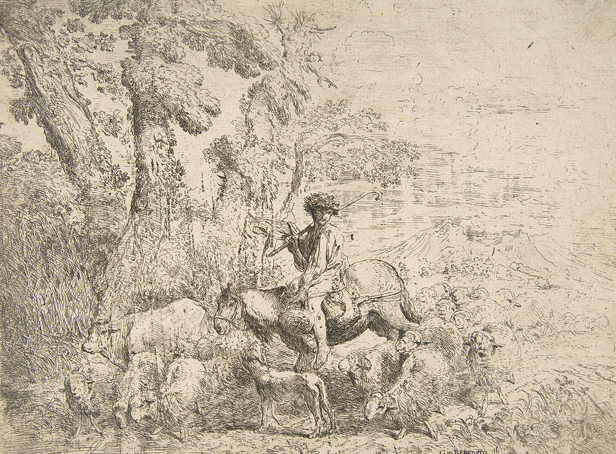 Young herdsman on horseback Relief by Giovanni Benedetto Castiglione