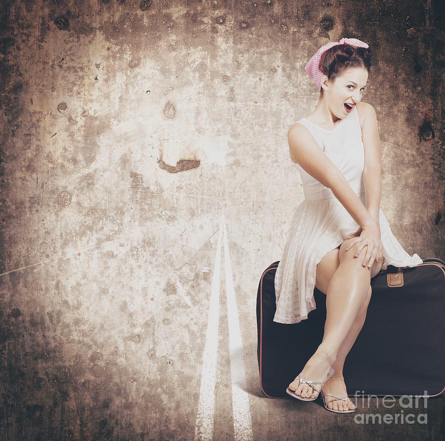Young hitchhiking pin-up woman on vintage suitcase Digital Art by Jorgo Photography