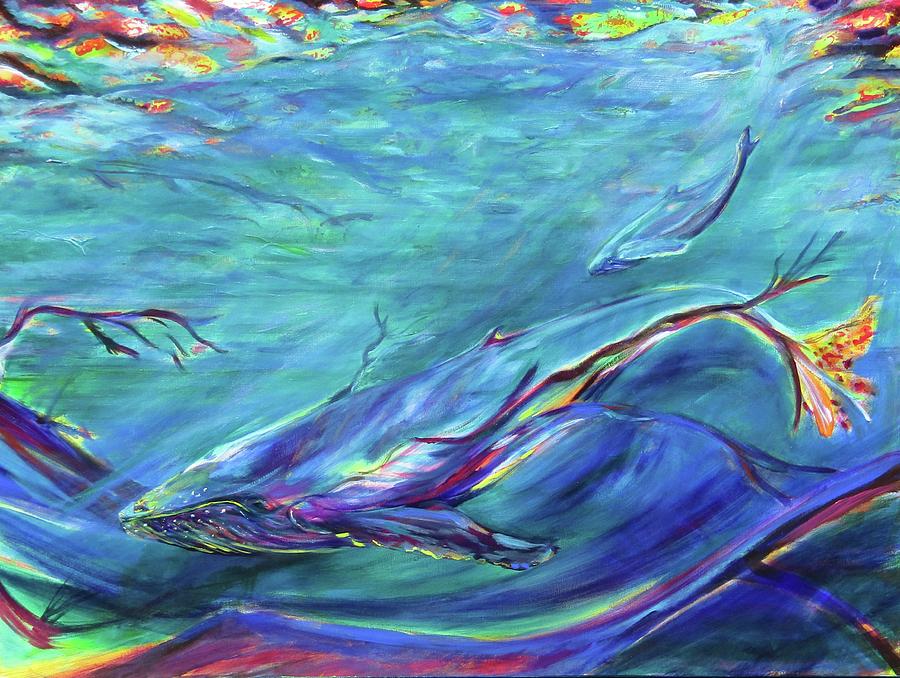Young humpback whale and calf Painting by Karin McCombe Jones