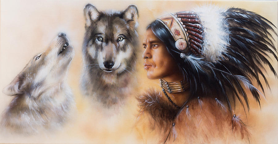 Wolves Painting - Young Indian Warrior Accompanied With Two Wolves by Jozef Klopacka