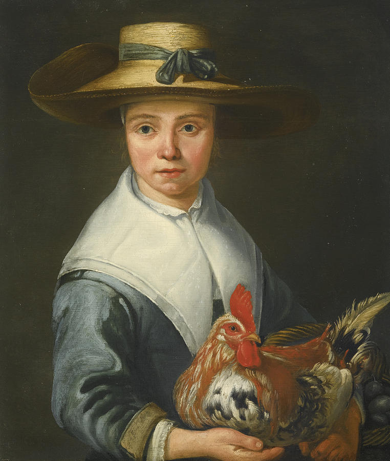 Young lady in a Straw Hat holding a Cockerel and a Basket of Eggs Painting by Follower of Aelbert Cuyp