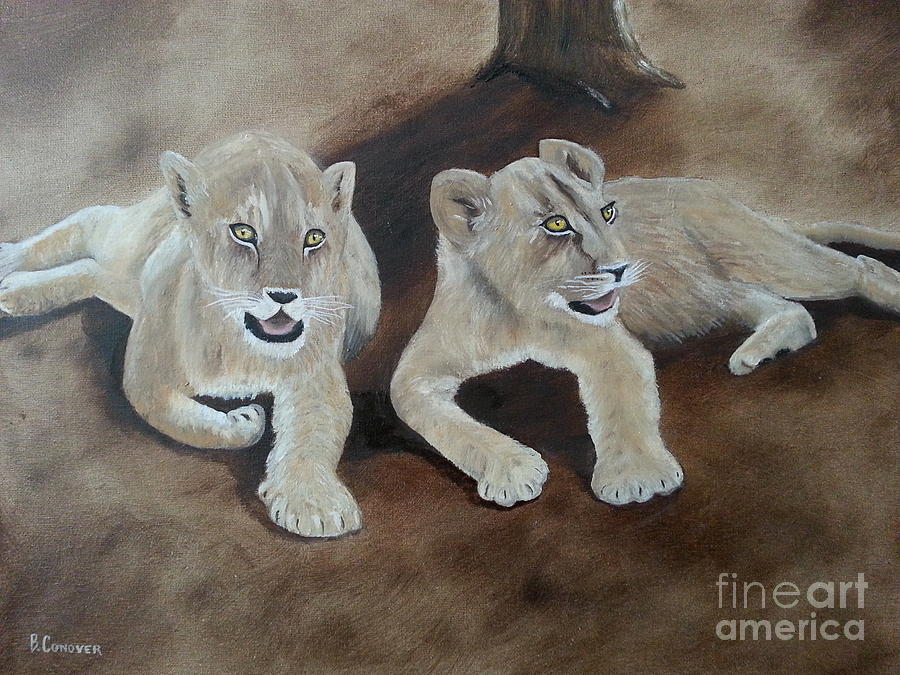 Young Lions Painting by Bev Conover