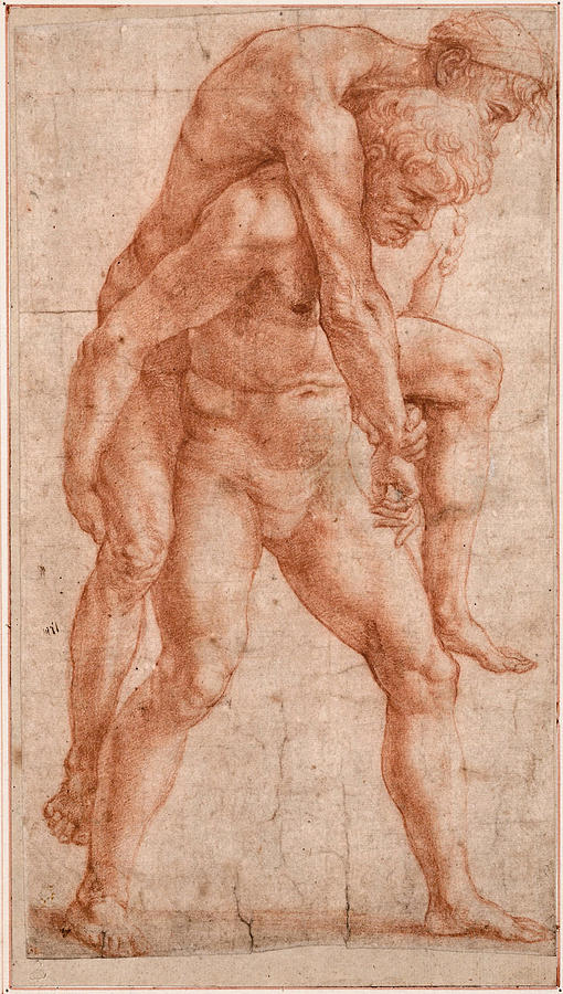 Young Man Carrying an Old Man on His Back Drawing by Raphael