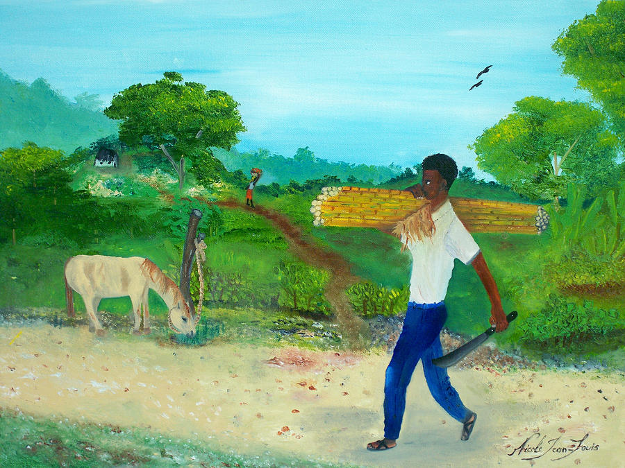 Transportation Painting - Young Man Carrying Sugarcane by Nicole Jean-Louis