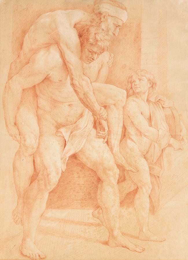 Raphael Drawing - Young man saving his father by Raphael