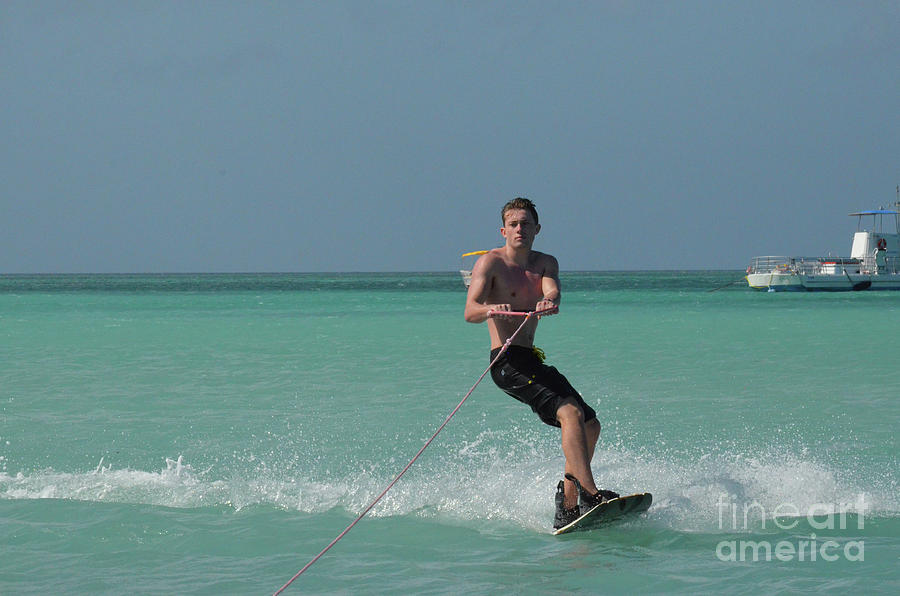 Young Man Wakeboarding in Tropical Warm Waters Off Aruba Photograph by DejaVu Designs