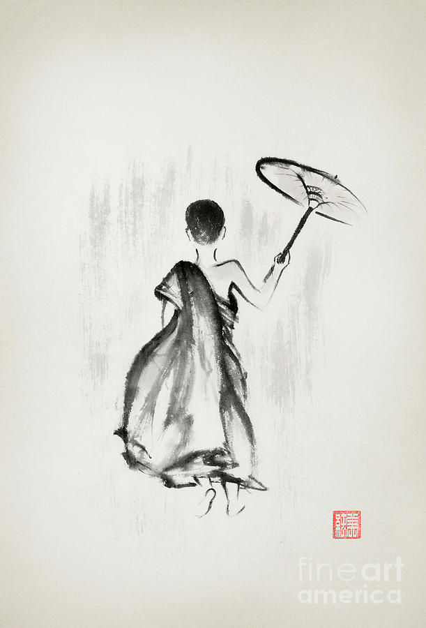 Umbrella Mixed Media - Young monk walking with an umbrella under rain Japanese Zen Sumi by Awen Fine Art Prints