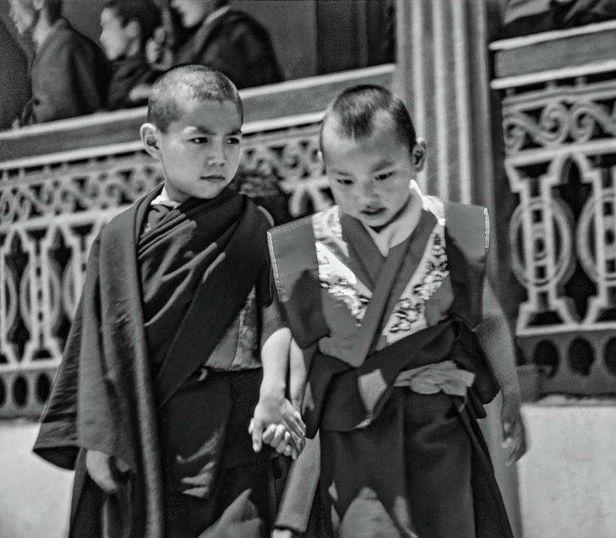 Young Monks - Buddies bw Photograph by Steve Harrington
