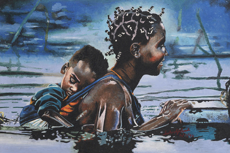 Blue Painting - Young Mother and Child by Andre Ajibade Blue Painting - Young Mother and Child by Andre Ajibade