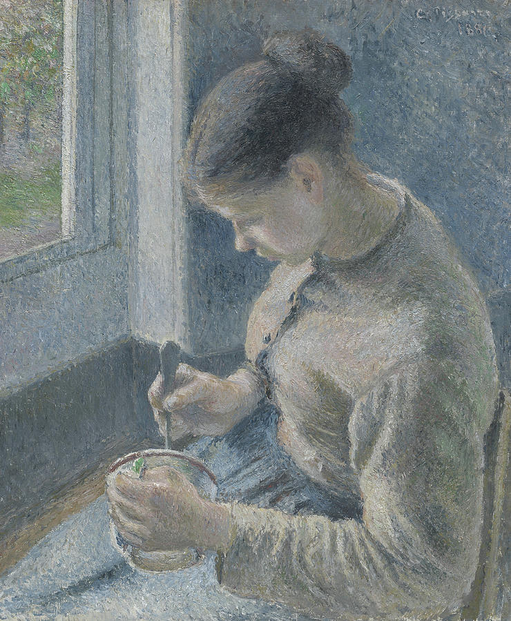 Up Movie Painting - Young Peasant Having Her Coffee by Camille Pissarro