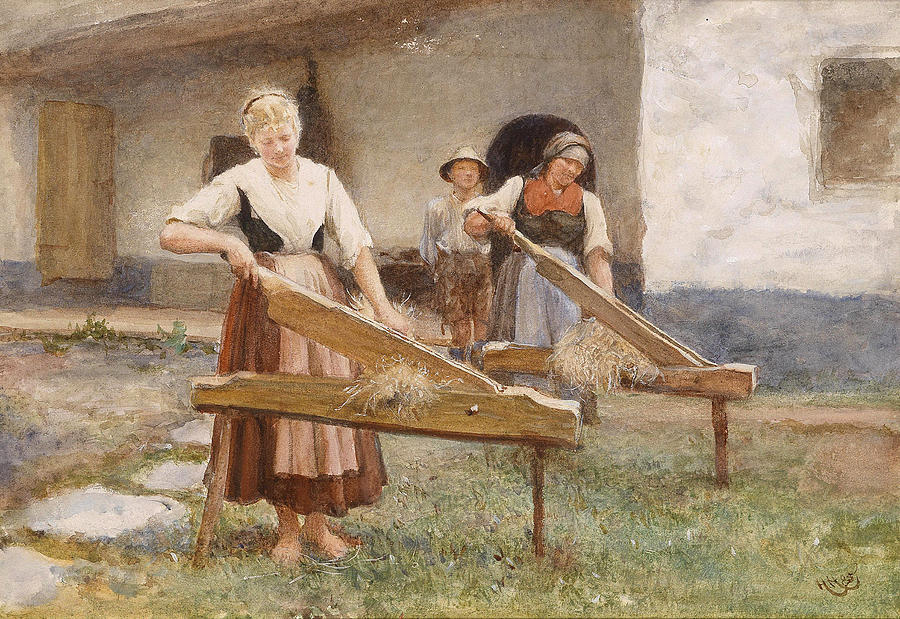 Young Peasant Women breaking the Flax  Drawing by Hubert von Herkomer