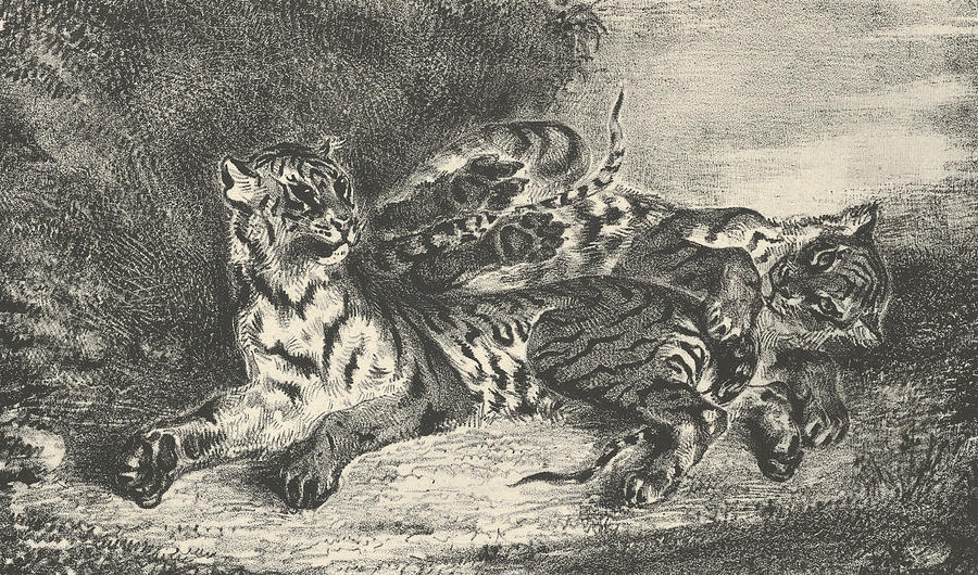 Young Tiger Playing with Its Mother Relief by Eugene Delacroix