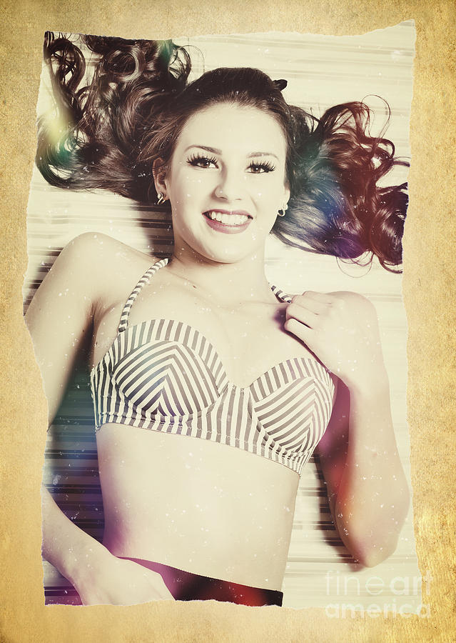 Vintage Photograph - Young vintage beach girl smiling in retro bikini by Jorgo Photography
