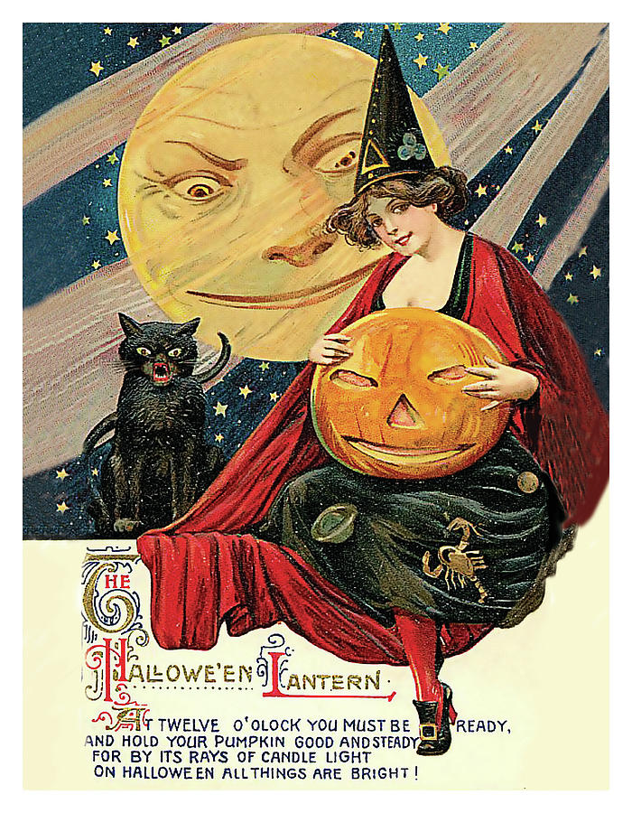 Young witch with Halloween lantern Mixed Media by Long Shot