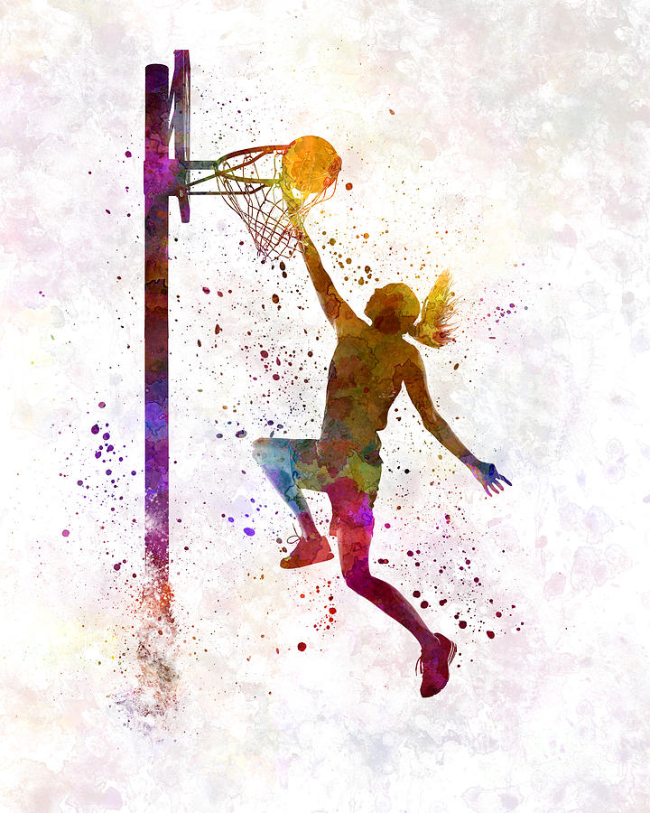 Full Length Painting - Young woman basketball player 04 in watercolor by Pablo Romero