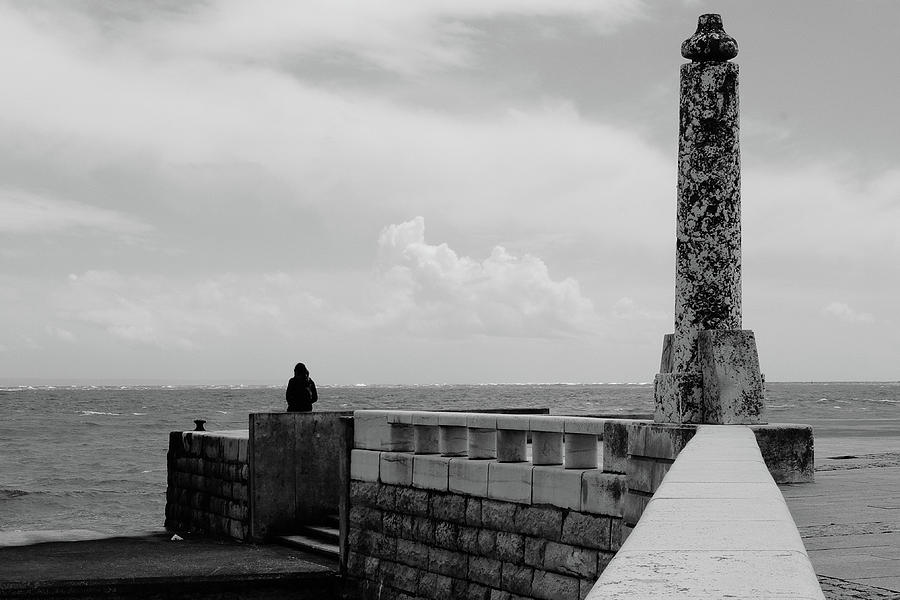 Pier Photograph - Young Woman Contemplating The Ocean by Marco Oliveira