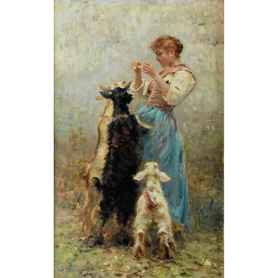 Young Woman Feeding Goats  Painting by MotionAge Designs
