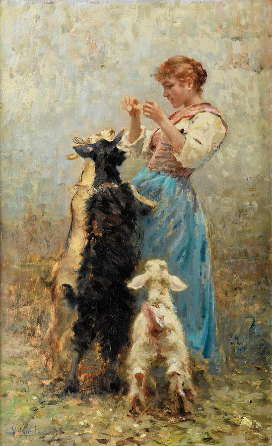 Young Woman feeding Goats Painting by Vincenzo Caprile