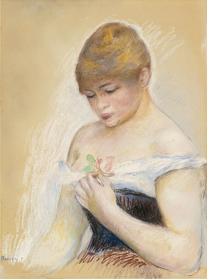 Young Woman holding a Flower. Portrait of Jeanne Samary Drawing by Pierre-Auguste Renoir