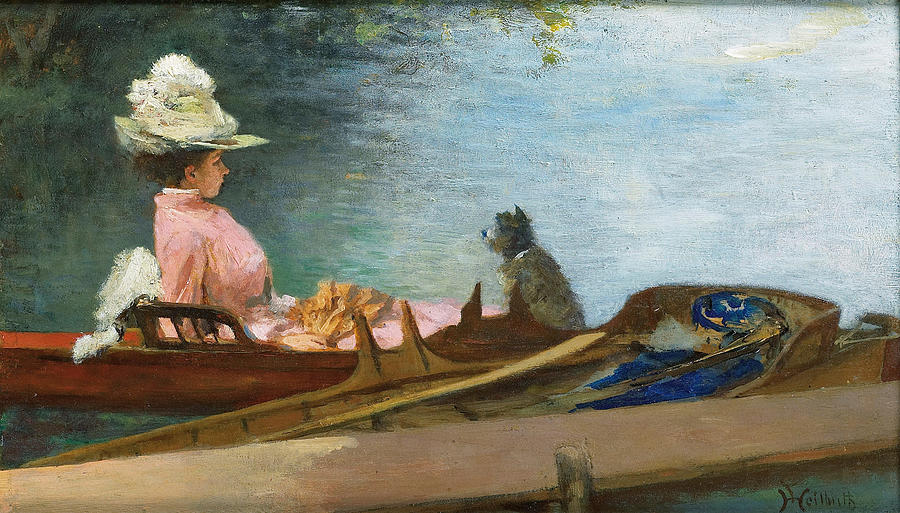 Young Woman in a Boat with her Dog Painting by Ferdinand Heilbuth
