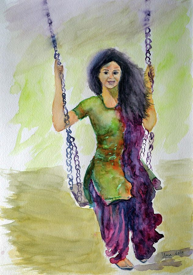 Young woman on a swing Painting by Uma Krishnamoorthy