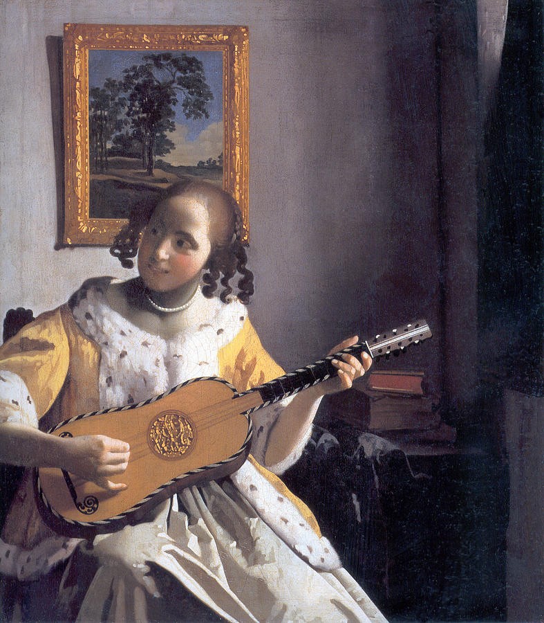 Young Woman Playing A Guitar Painting by Johannes Vermeer