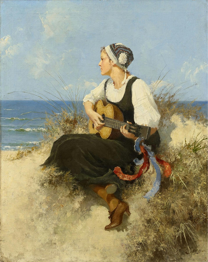 Young Woman With Guitar At The Beach Painting by Celestial Images
