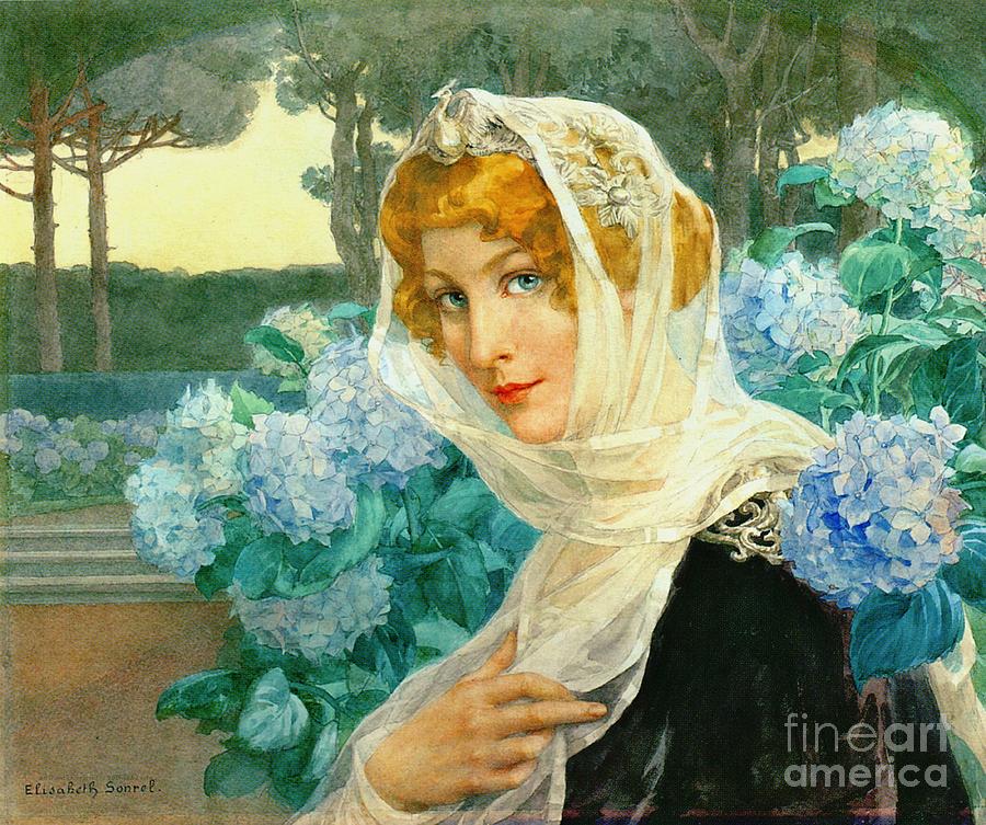 Young Woman with Hydrangeas 1900 Photograph by Padre Art