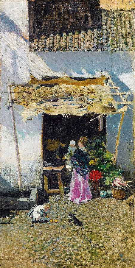 Young Woman with Lilac coloured Skirt by a Vegetable Shop Painting by Mariano Fortuny
