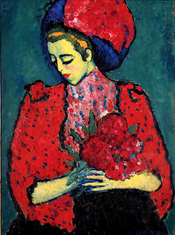 Flower Painting - Young Woman with Peonies by Alex von Jawlensky