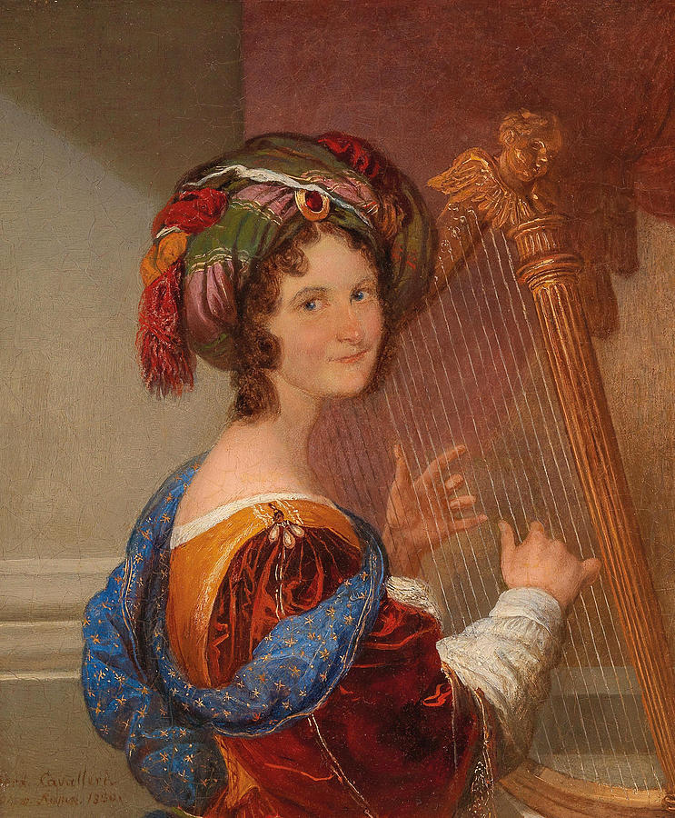 Young Woman with Turban Playing Music Painting by Ferdinando Cavalleri