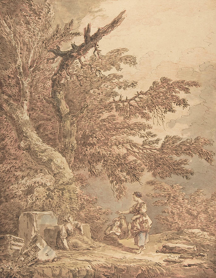 Young Women in a Landscape with Architectural Fragments Drawing by Hubert Robert