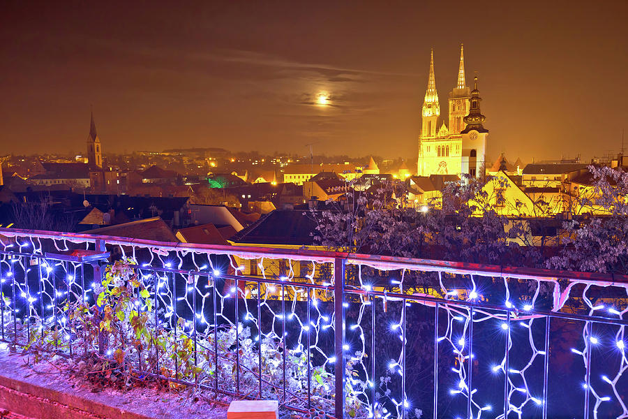 Zagreb cathedral and cityscape evening advent view Photograph by Brch Photography
