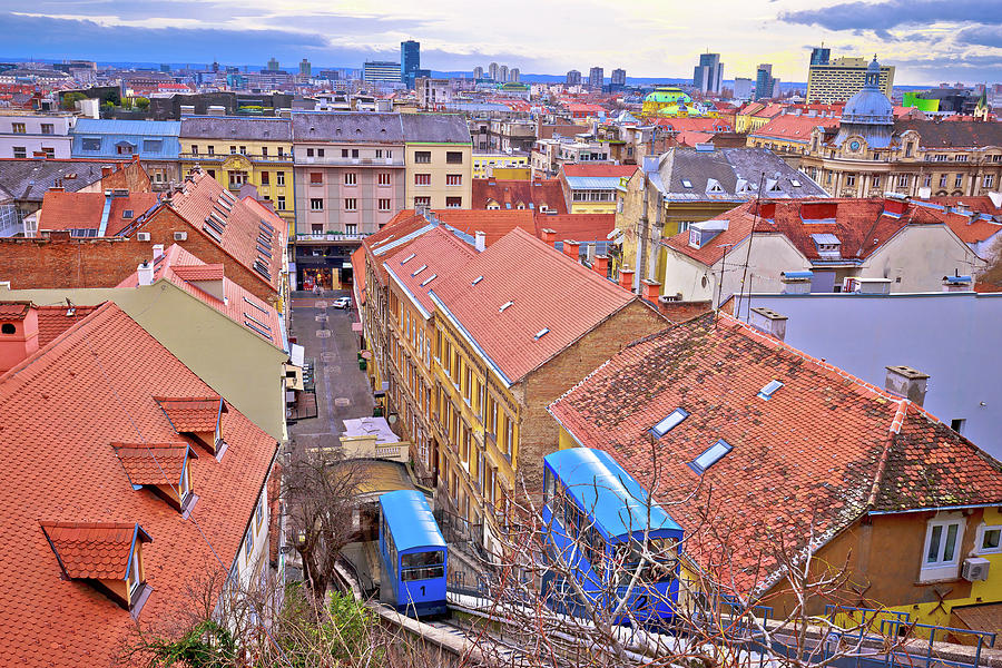 Zagreb funicular ad rooftops of old center Photograph by Brch Photography