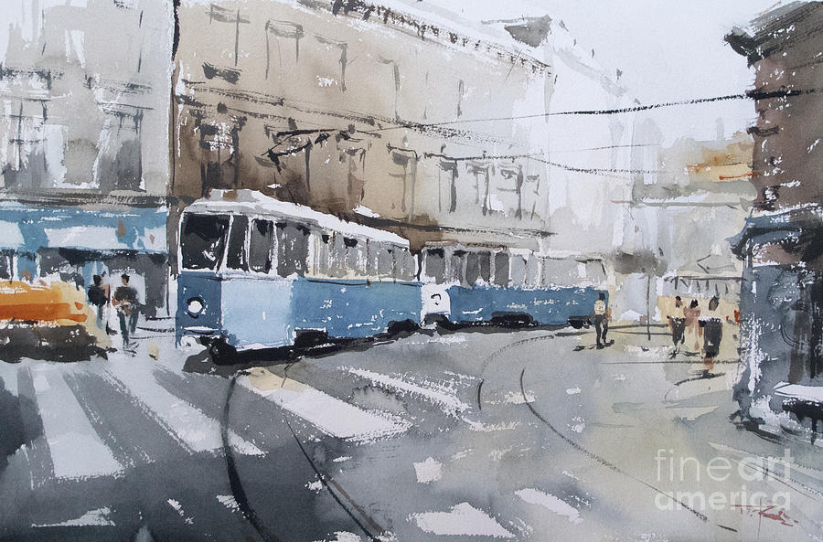 Zagreb,Tram #12 Painting by Tony Belobrajdic