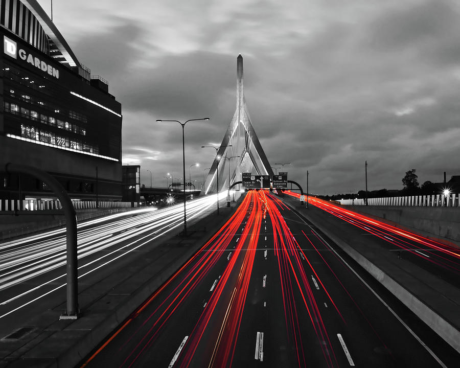 Zakim Bridge and TD Garden Boston MA Red Tail Lights Photograph by Toby McGuire