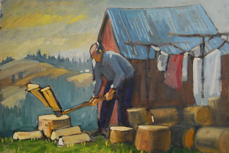 American Impressionist Painting - Zakopane Wood Splitter by Len Stomski
