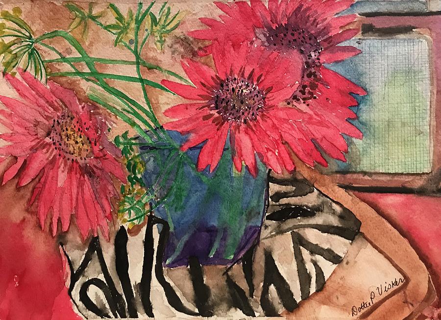 Zebra and Red Sunflowers  Painting by Dottie Visker