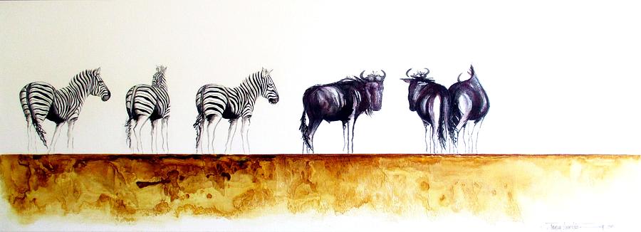 Zebra Painting - Zebra and Wildebeest by Tracey Armstrong