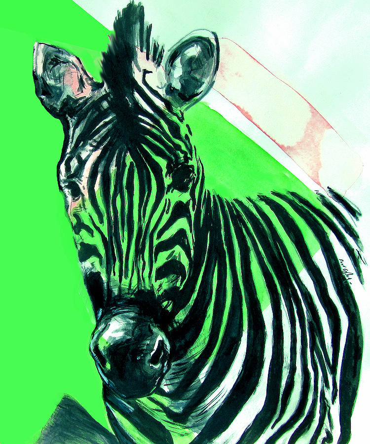 Zebra in Green Painting by Rene Capone
