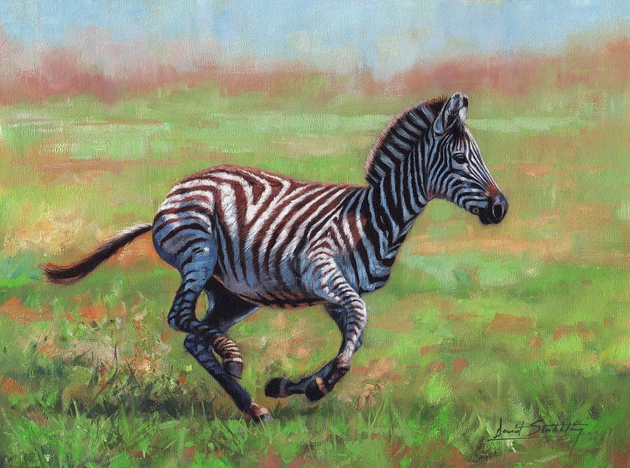 Zebra Running Painting by David Stribbling