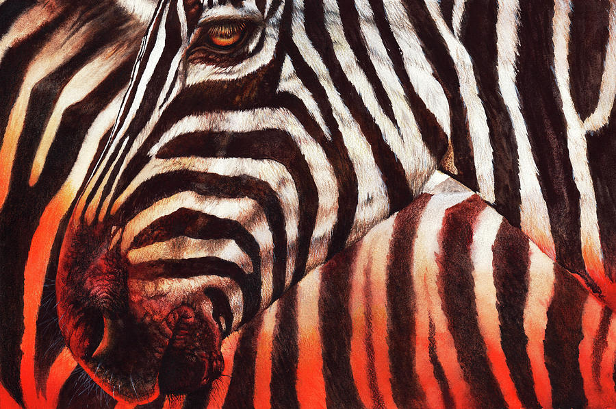 Zebra Sunset Painting by Peter Williams